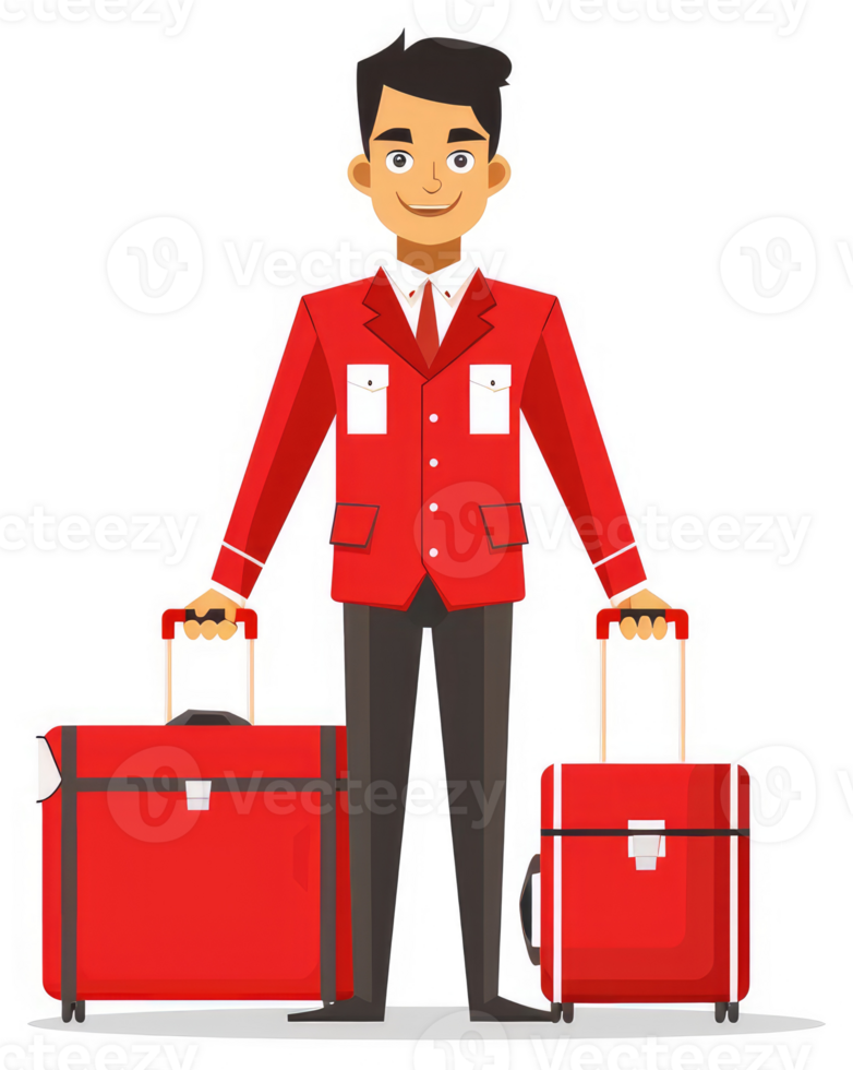 A smiling hotel porter carrying two red suitcases. png