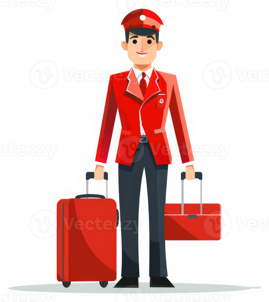 A helpful airport baggage handler in a red uniform. png