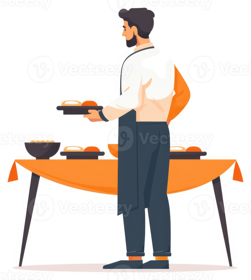 A waiter serving food on a tray at a buffet table. png
