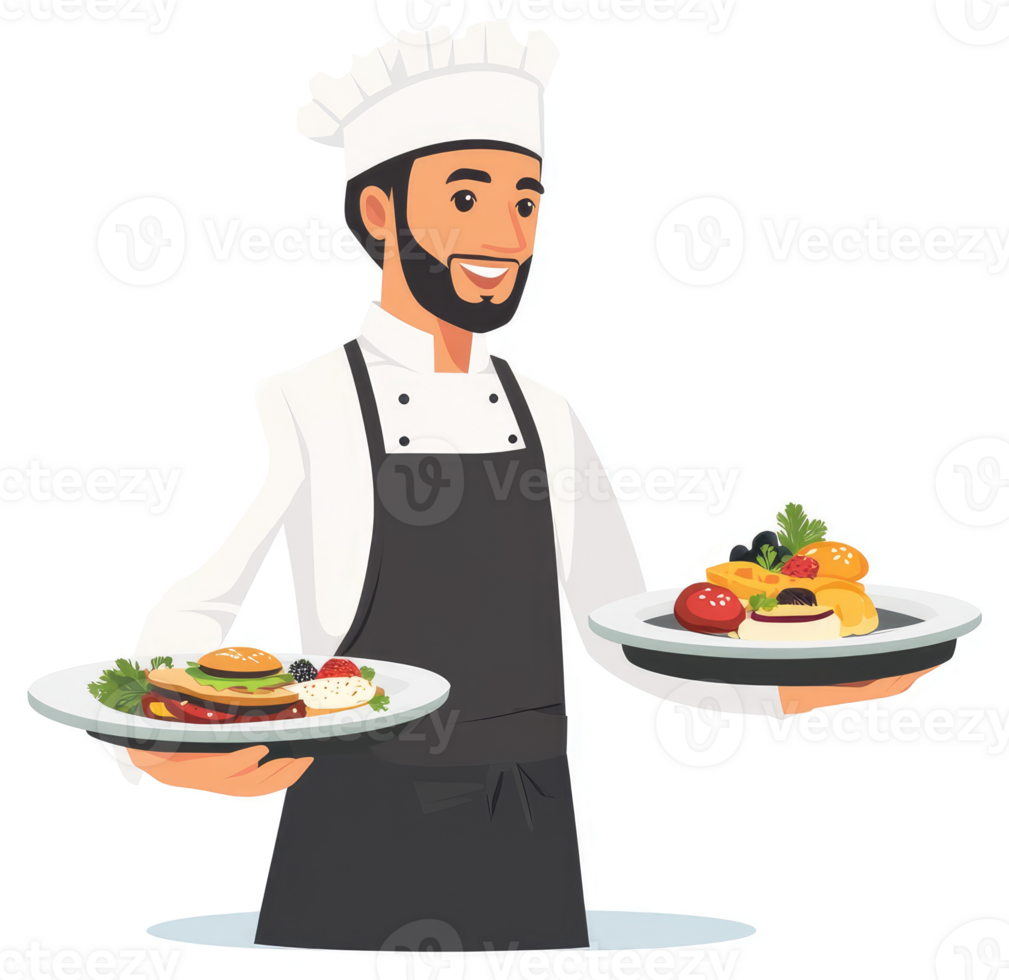 A smiling chef in a uniform holding trays of assorted food. png