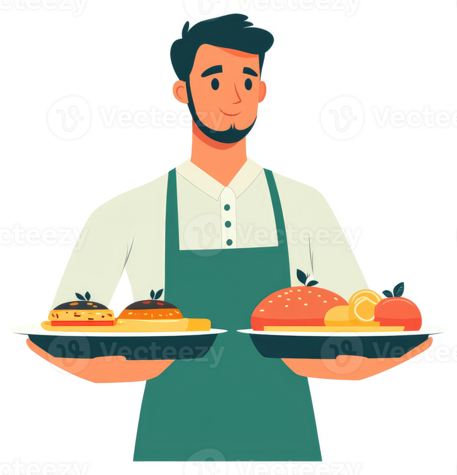 A waiter carrying trays of assorted food items. png