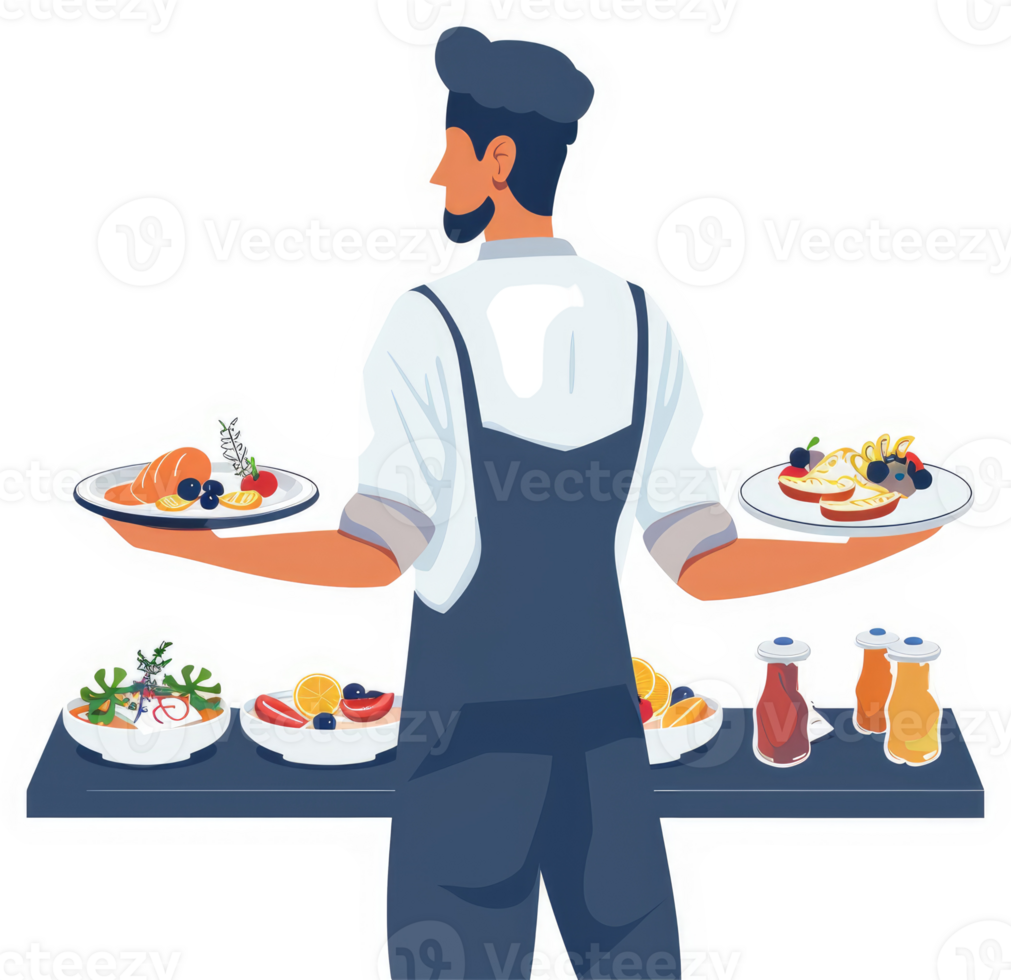 A chef serving various dishes on platters. png