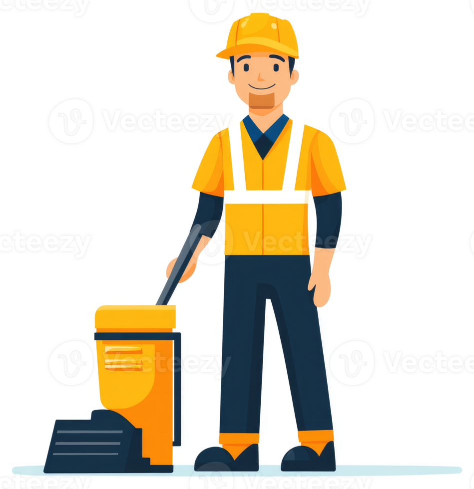 A floor care worker operating a floor scrubbing machine. png