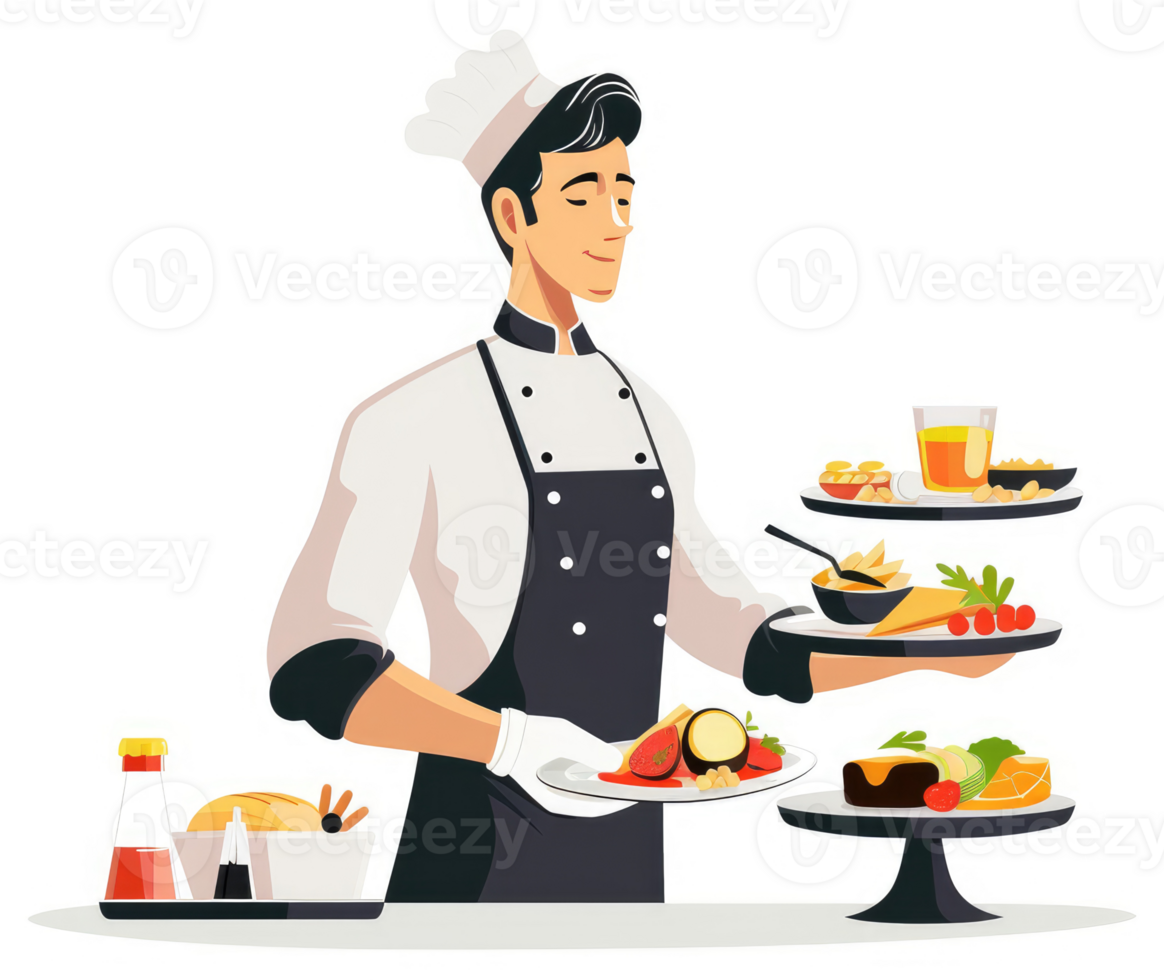 A chef serving a variety of delicious and healthy dishes. png