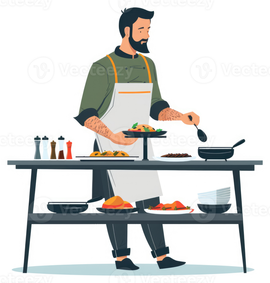 A chef in a professional kitchen, preparing food on a buffet table. png