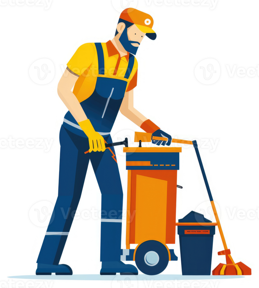 A worker in uniform tending to a cleaning cart. png