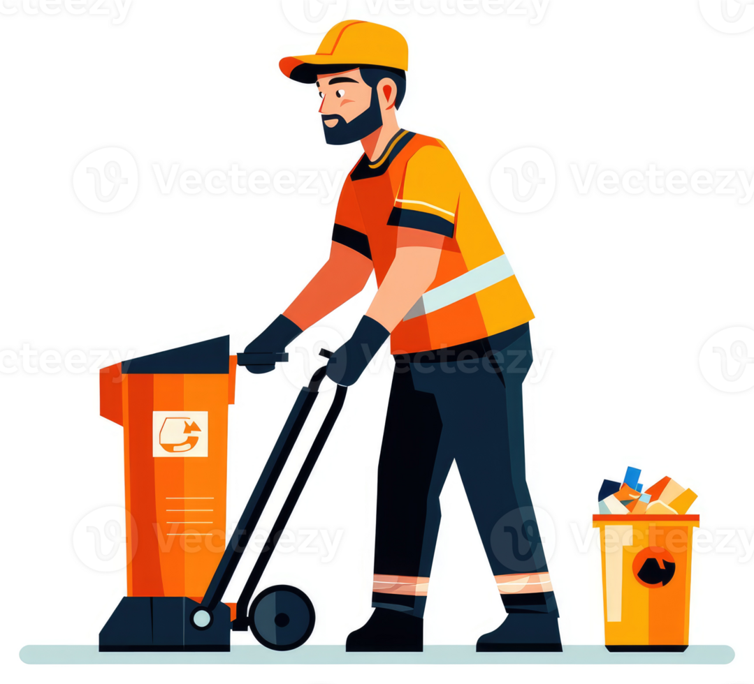 A sanitation worker pushing a recycling bin and emptying it into a trash receptacle. png