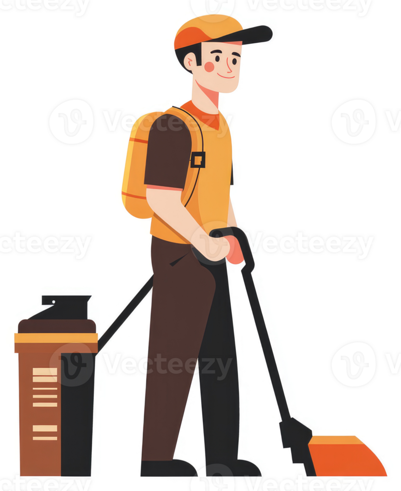 A smiling worker pushing a cleaning machine. png