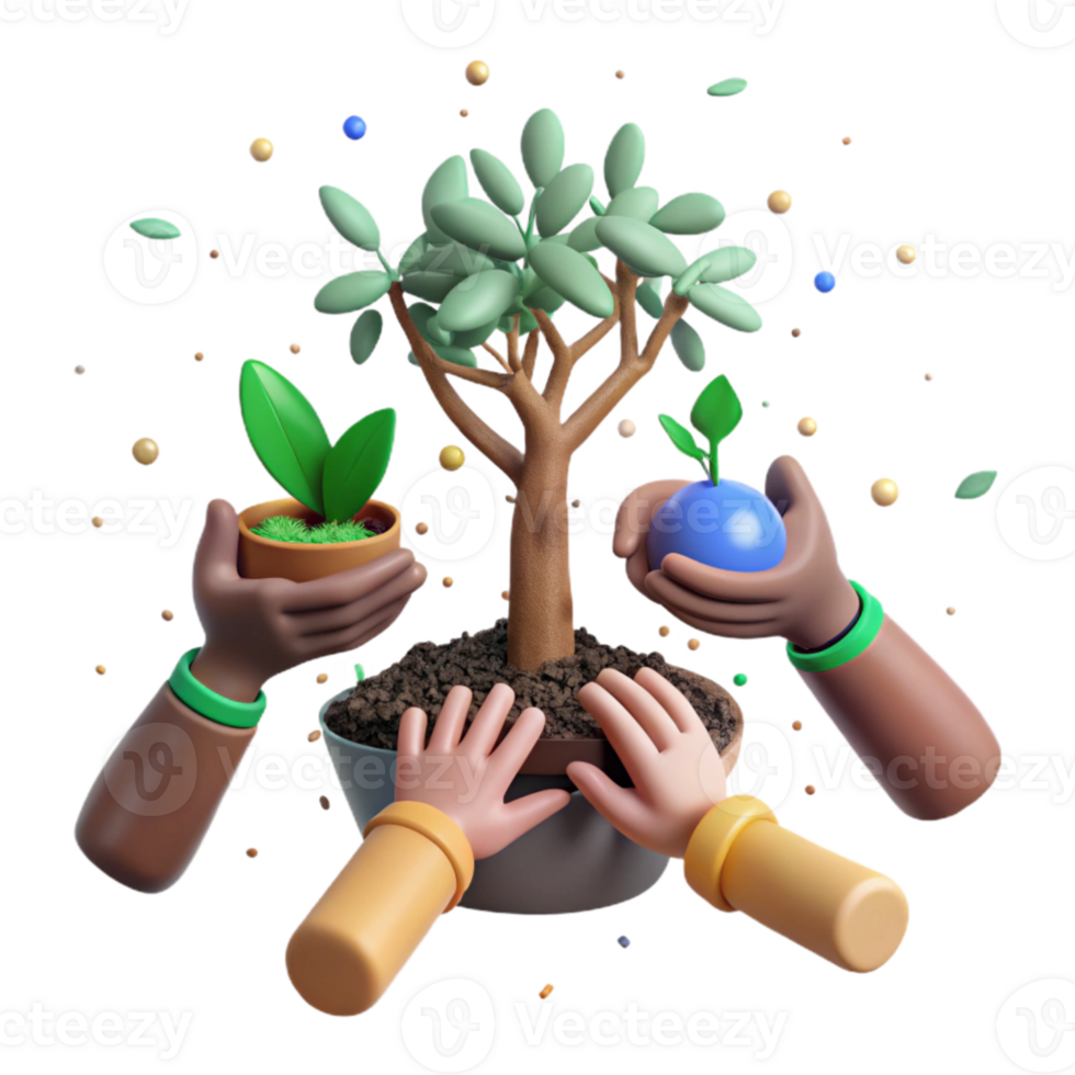 elegant contemporary Diverse Hands Planting Tree Sapling Transparent Background detailed png