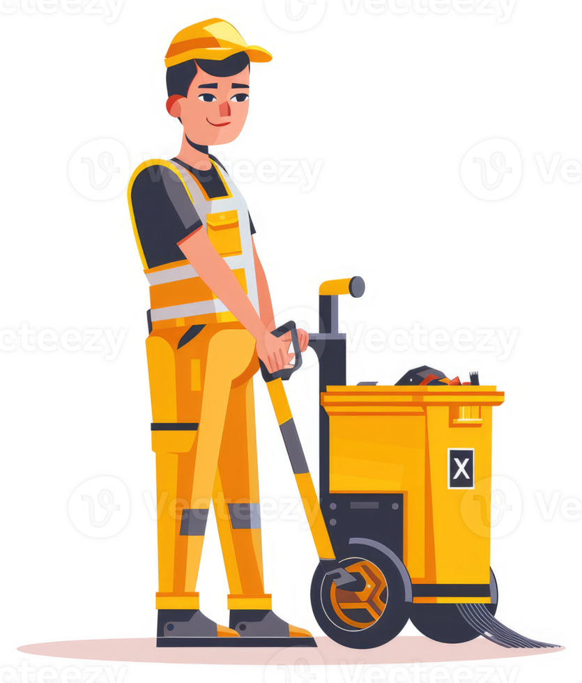 A worker in bright yellow uniform pushing a street cleaning cart. png