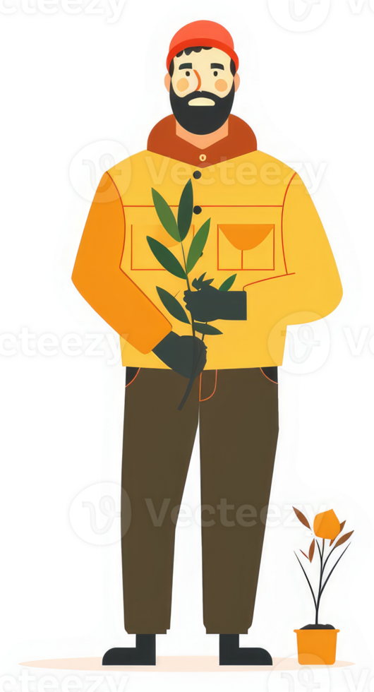 A man in warm clothing holding a plant, representing environmental care. png