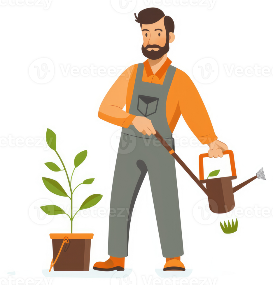 A gardener tending to a young plant with a watering can. png