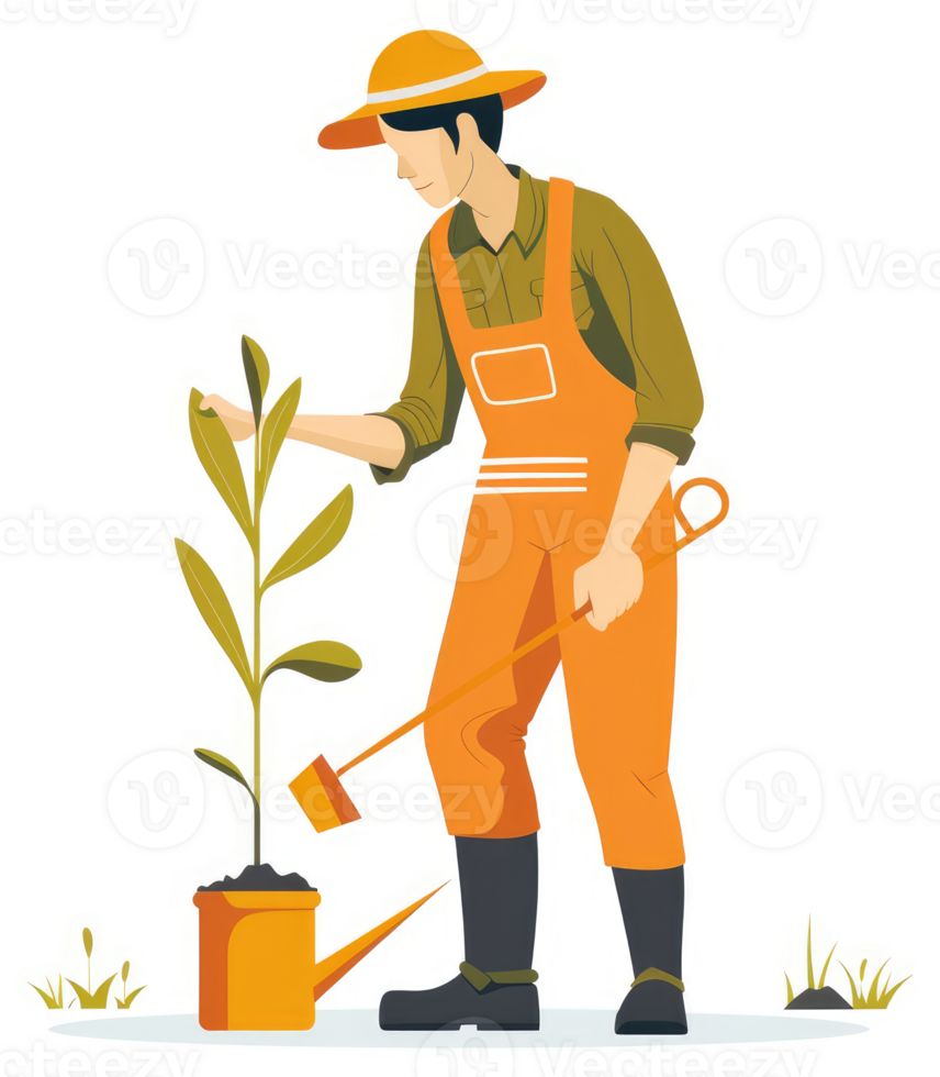 A gardener tending to a young plant in a pot. png