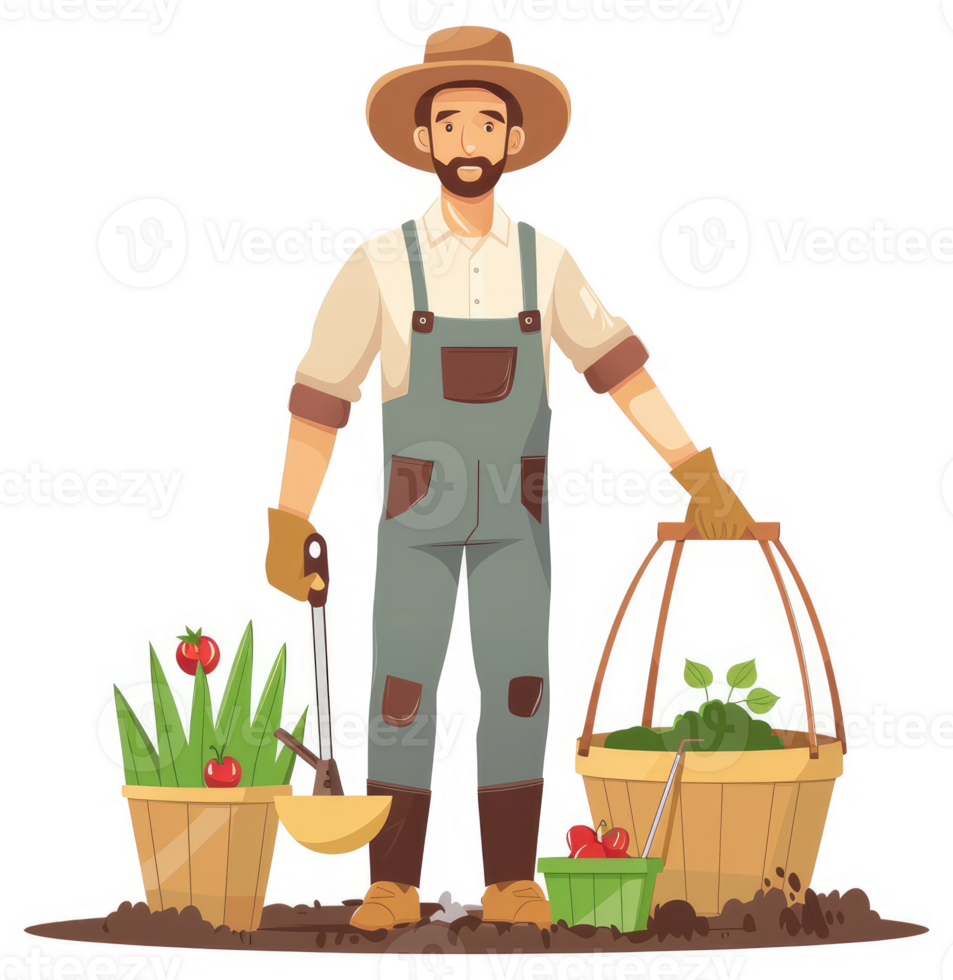 A farmer harvests a bounty of fresh produce from his garden. png