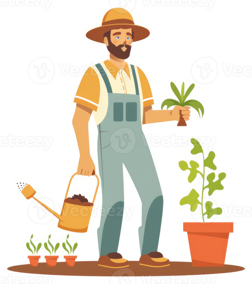 A gardener tending to plants with a watering can. png