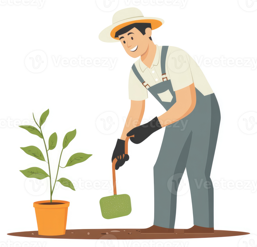 A happy gardener transplanting a young plant into the ground. png