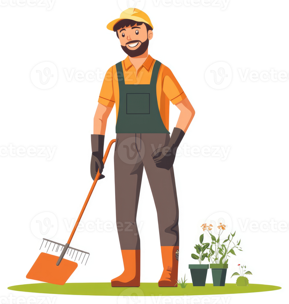 A cheerful gardener tending to plants in a garden. png