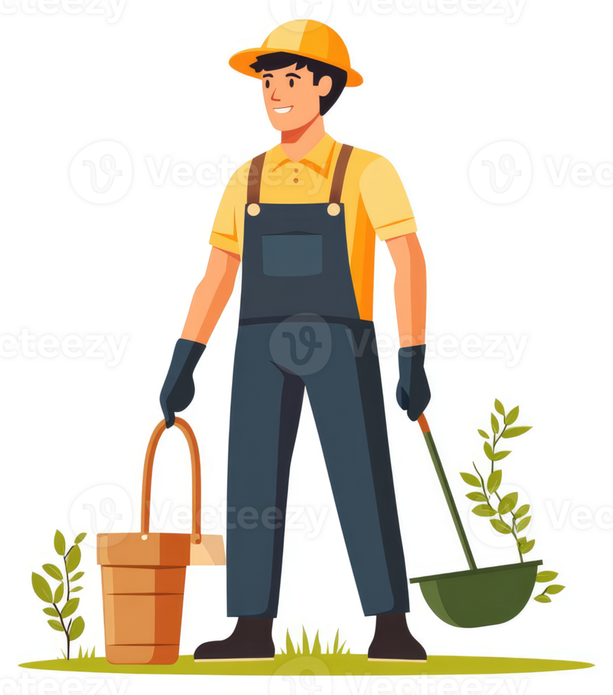 A cheerful gardener carrying a bucket and a seedling. png