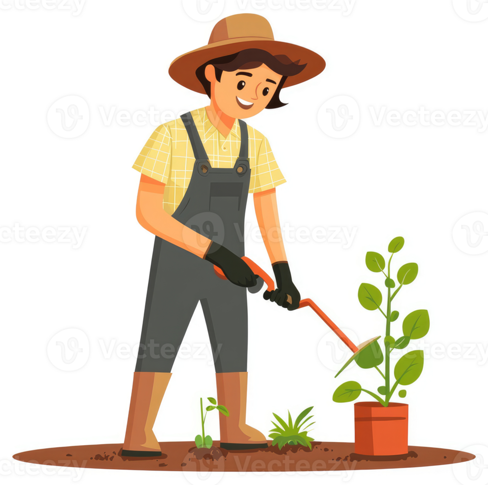 A cheerful gardener tending to a young plant in a terracotta pot. png