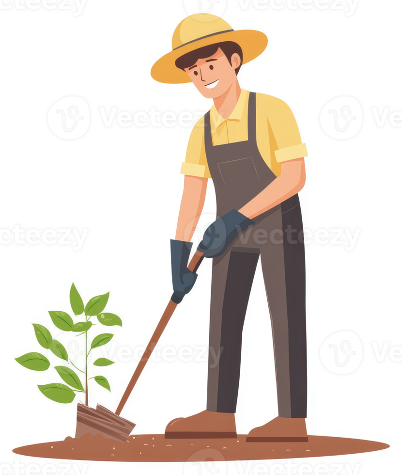A smiling gardener plants a young sapling in the soil. png