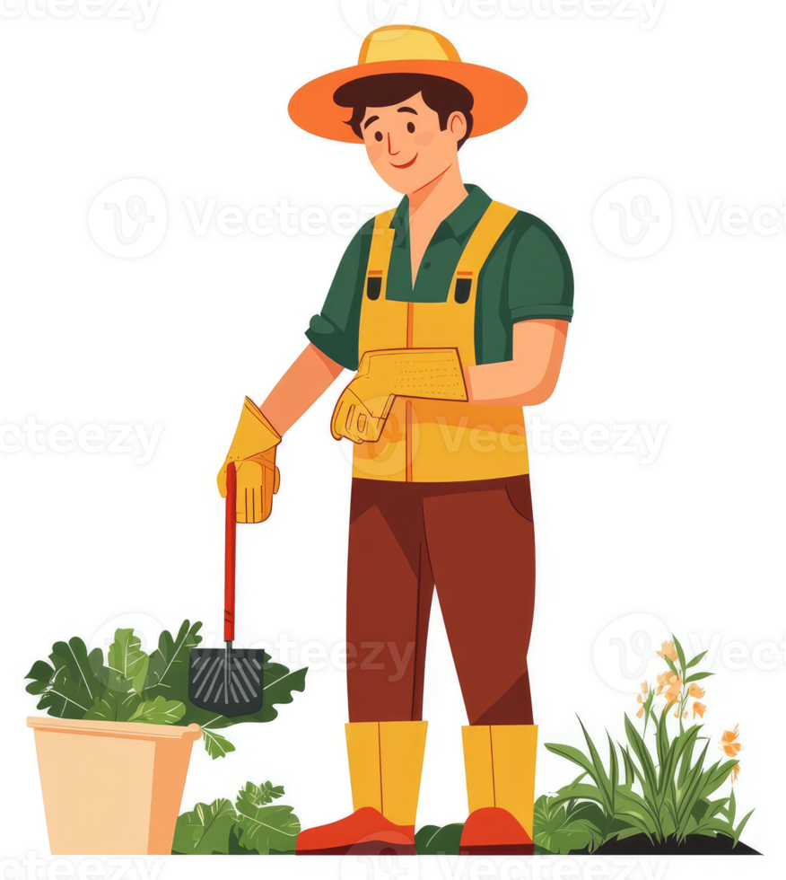 A cheerful gardener tending a garden bed with plants. png