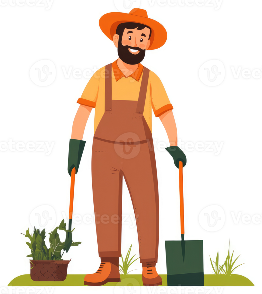 A smiling farmer in overalls plants a seedling. png