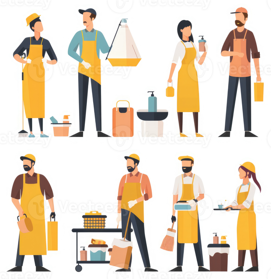 Diverse group of workers in yellow aprons, preparing and cleaning. png