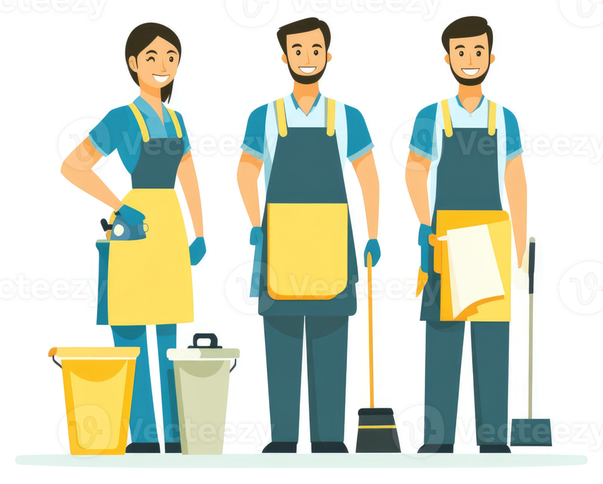 Three professional cleaners ready for a house cleaning task. png