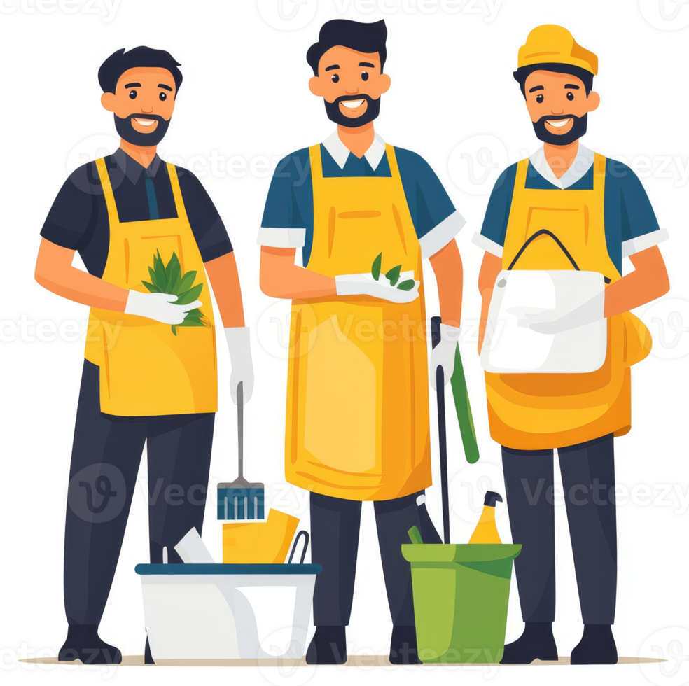 Three cheerful janitors in bright yellow aprons, ready to clean. png