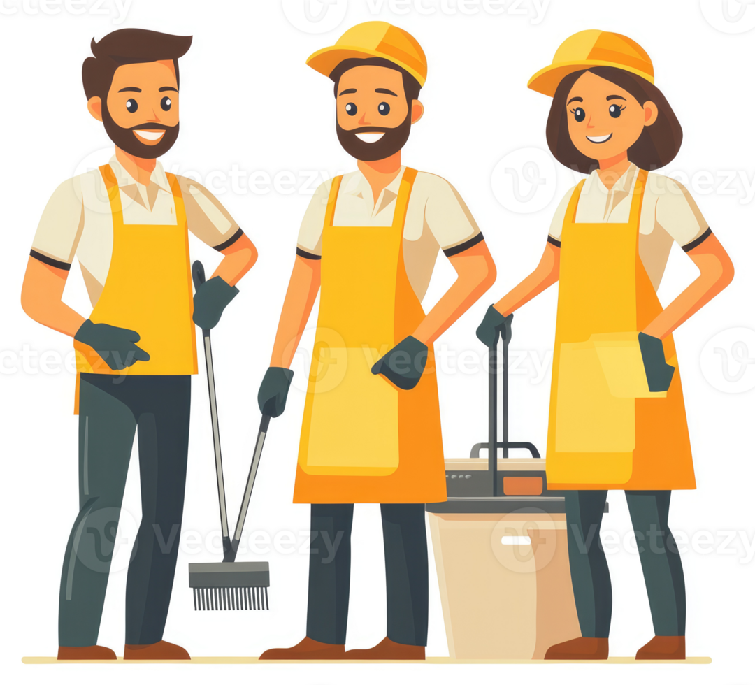 Three cleaning staff members in yellow aprons, ready for work. png