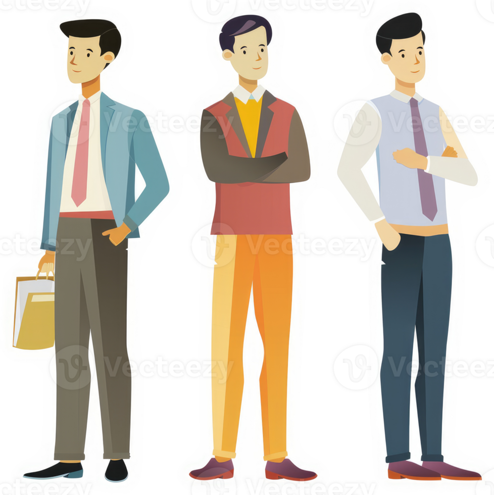 Three business men in formal attire, displaying different color palettes. png