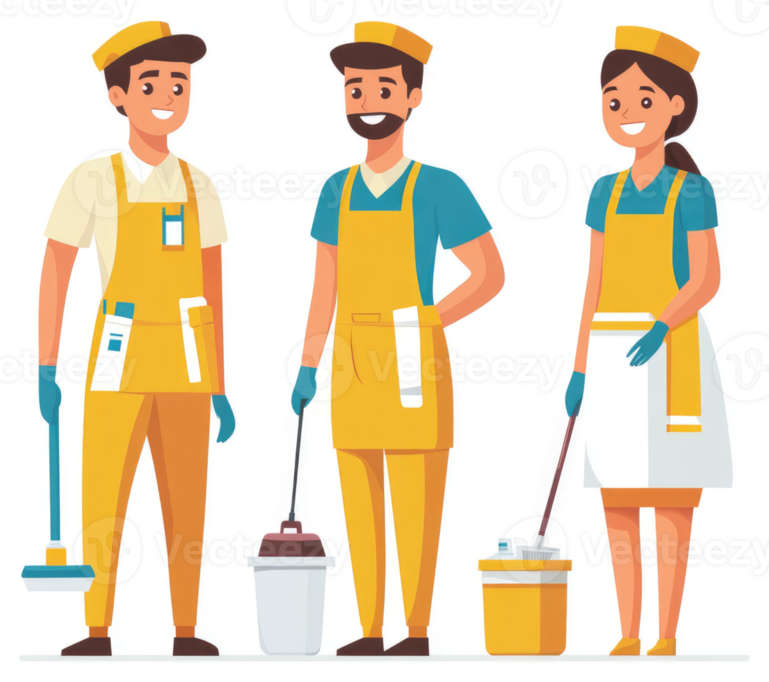 Three cleaning professionals in uniform, ready for a day of service. png