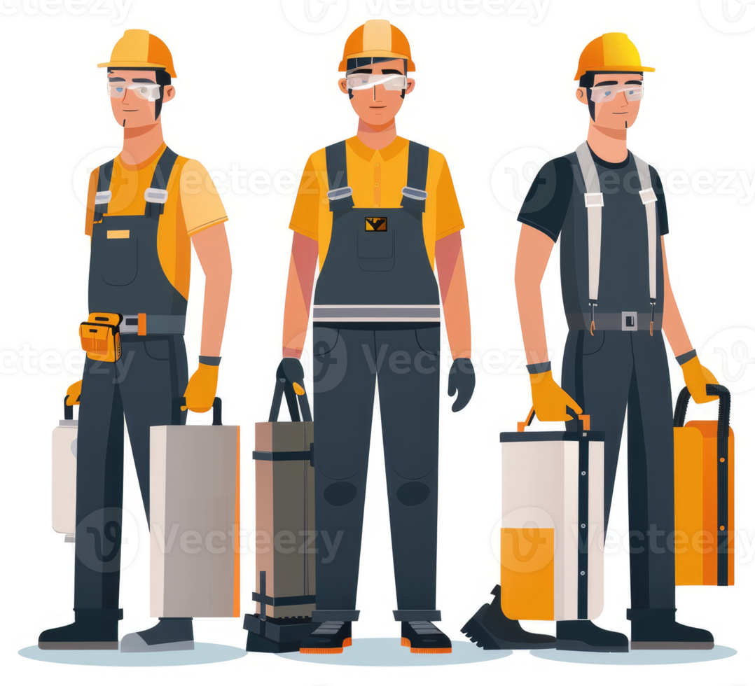 Three industrial workers in protective gear carrying equipment. png