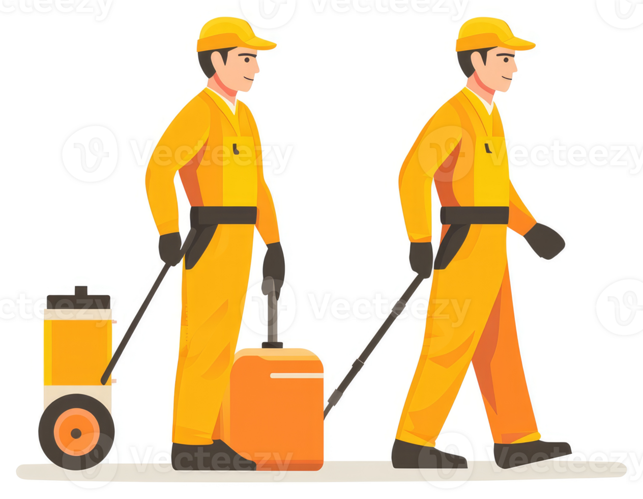Two workers in protective gear pushing a wheeled cart. png
