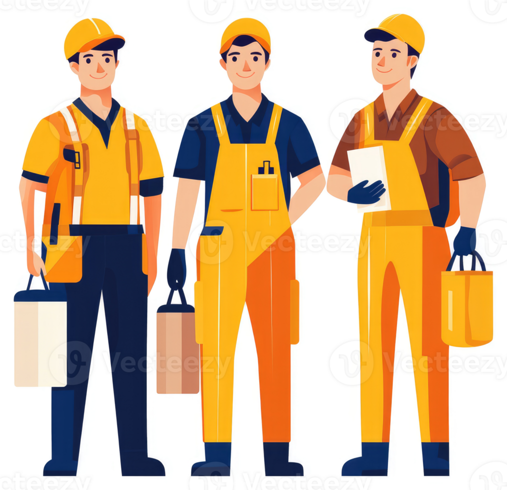 Three professional workers in bright yellow coveralls. png
