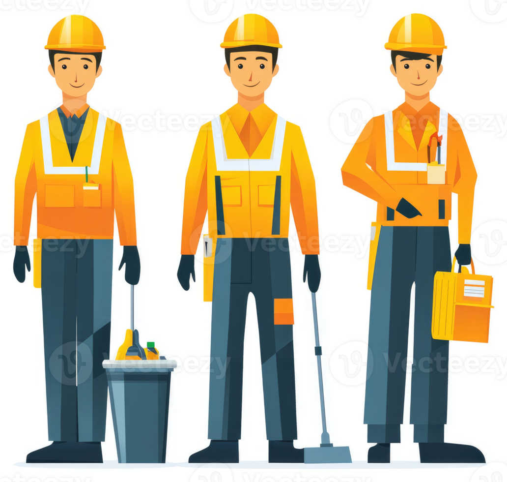 Three workers in vibrant orange uniform, equipped for various tasks. png