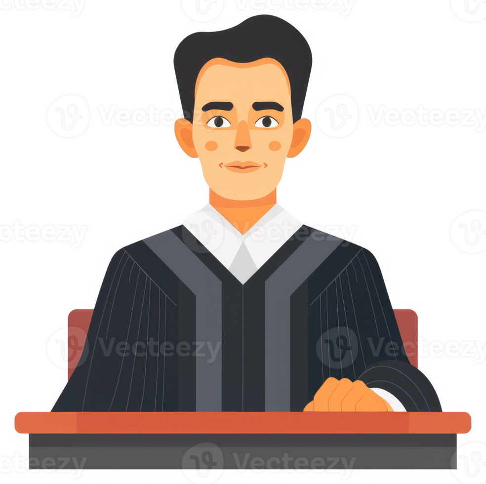 A judge in a formal robe sits at a wooden desk. png