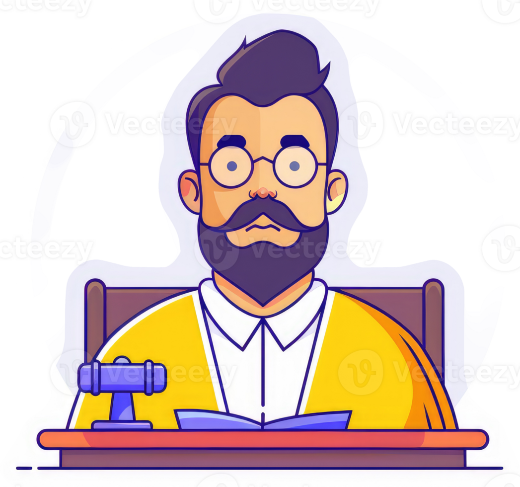 A stylized illustration of a man with a beard and glasses, seated at a desk. png