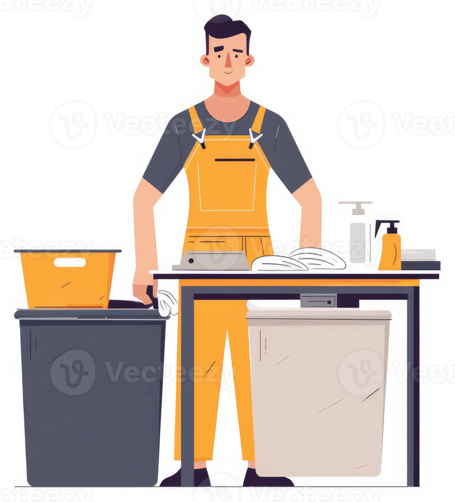 A worker in overalls emptying trash bins at a cleaning station. png