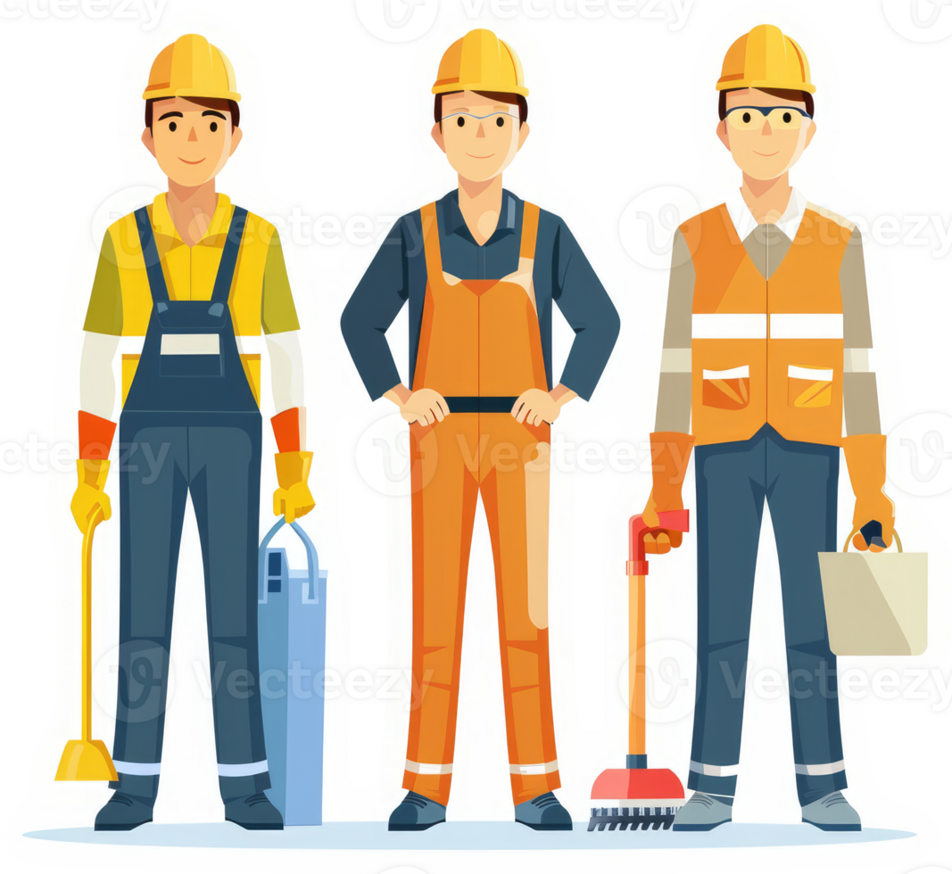 Three workers in protective gear with plumbing tools. png