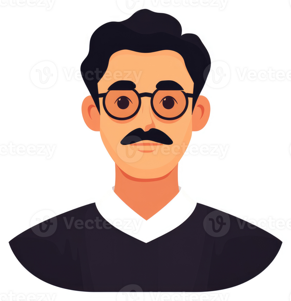 A stylized illustration of a man with glasses and a mustache. png
