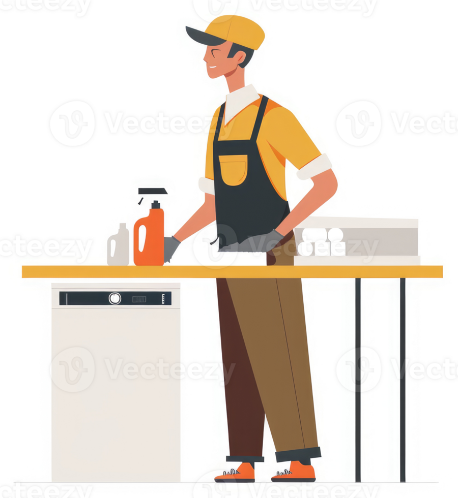 A person in a yellow shirt and apron cleaning a kitchen countertop. png