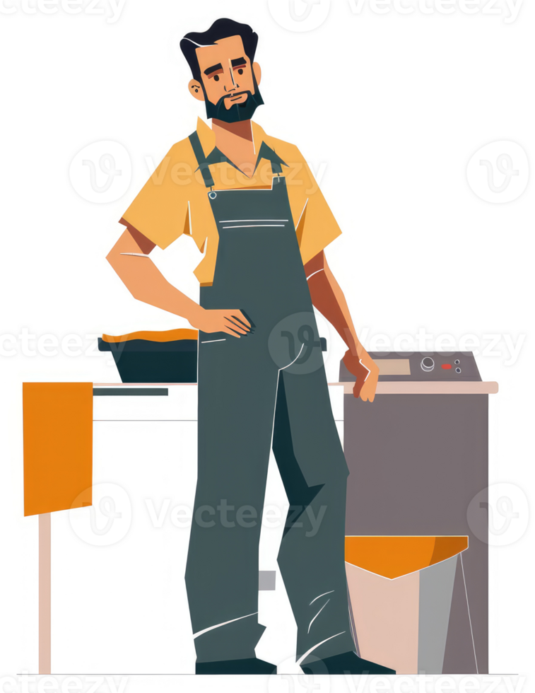 A bearded man in an apron stands by a kitchen appliance. png