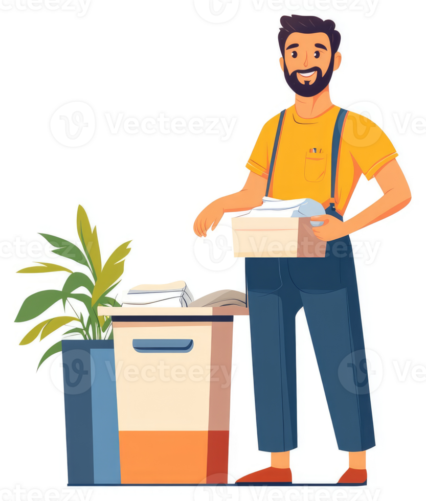 A man holding a box of documents at a desk. png