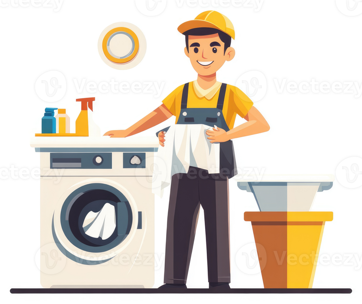 A cheerful worker tends to laundry in a modern utility room. png