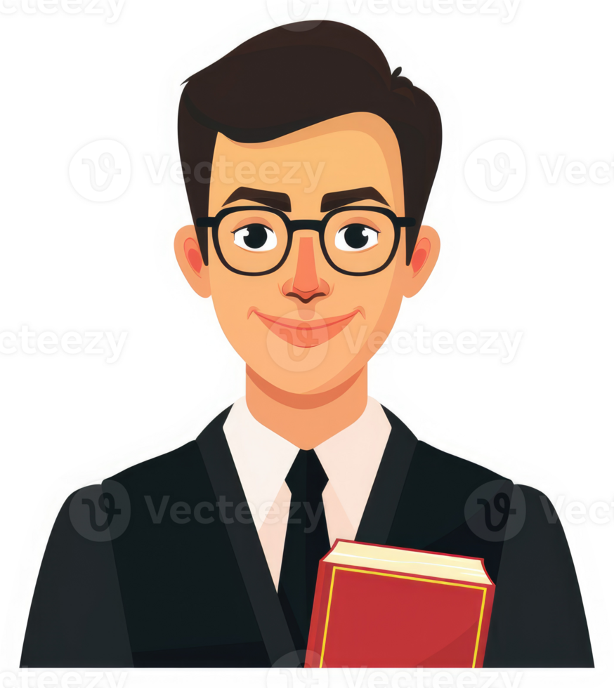 A smiling young lawyer with glasses and a book. png