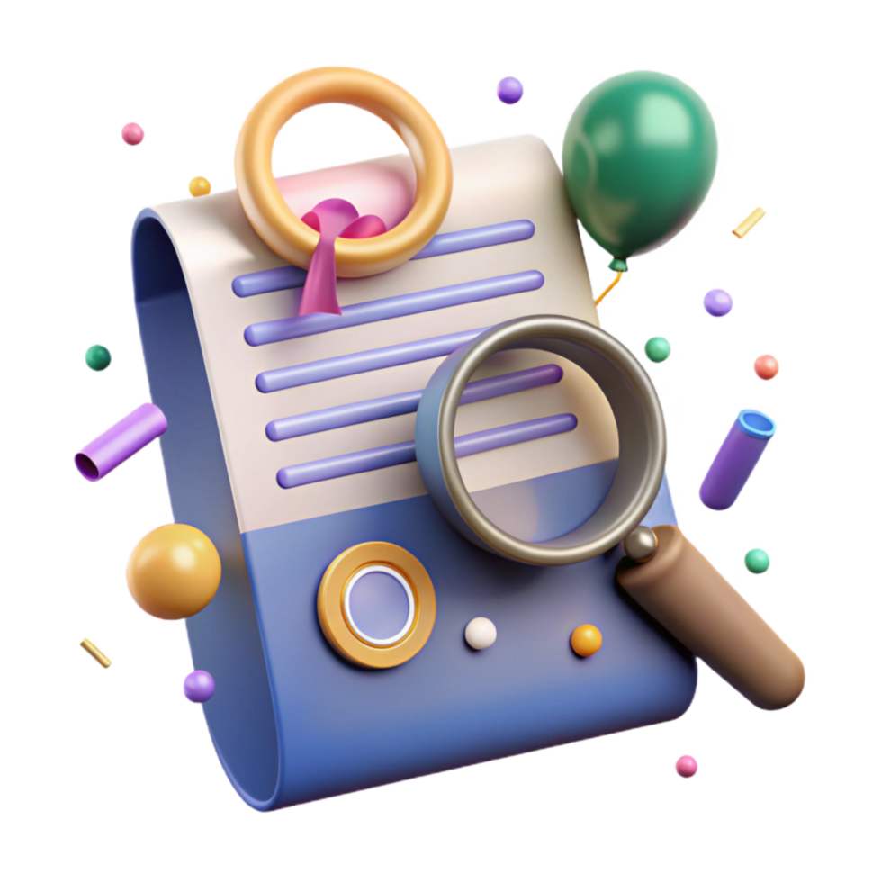 vibrant artistic Document Review Magnifying Glass and Paper Cutout original png