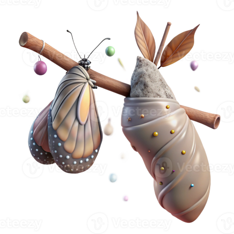 vibrant contemporary Butterfly Migration Cocoon Isolated Branch Detail Transparent Background genuine png