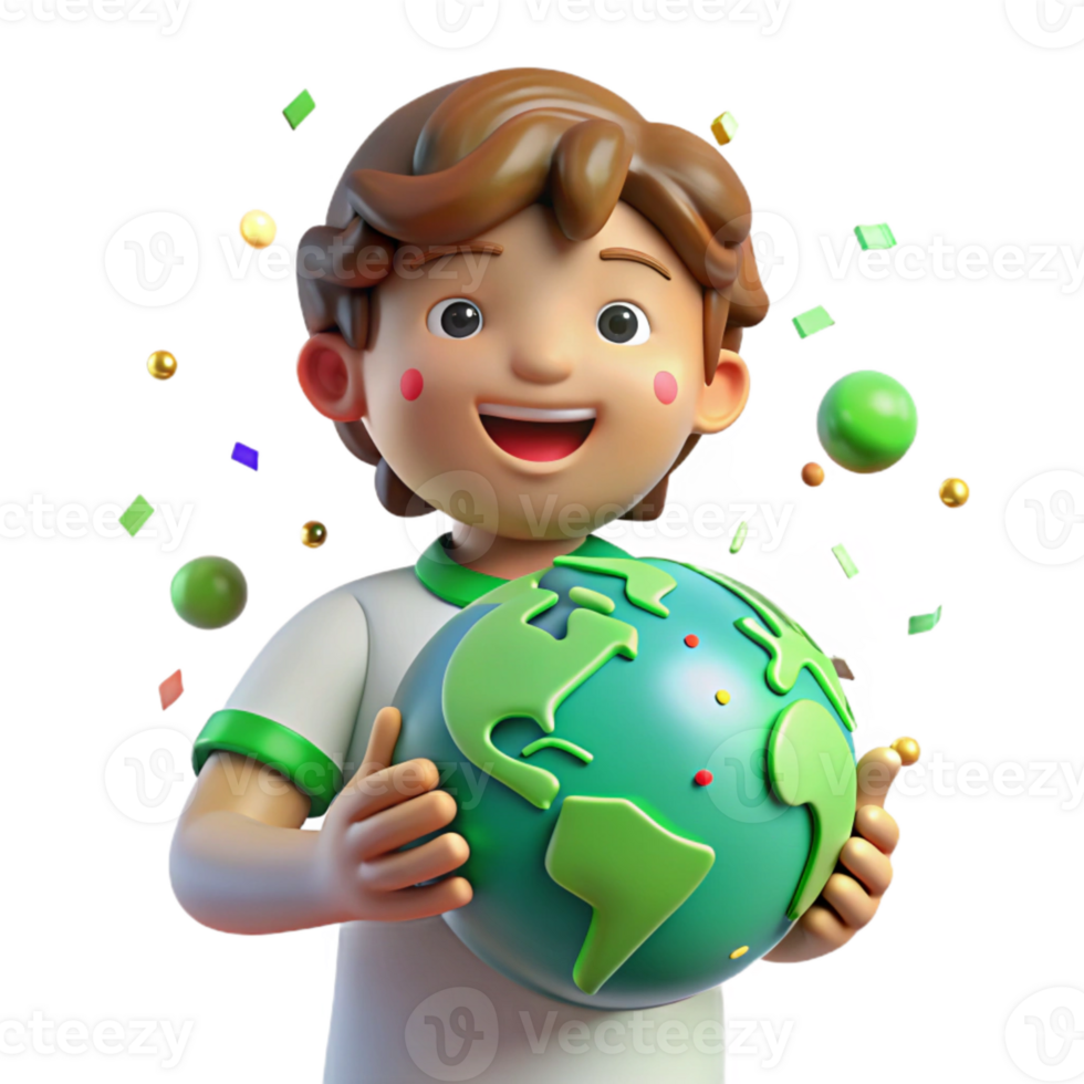 serene creative Child Holding Globe with Bright Green Continents Isolated exclusive png