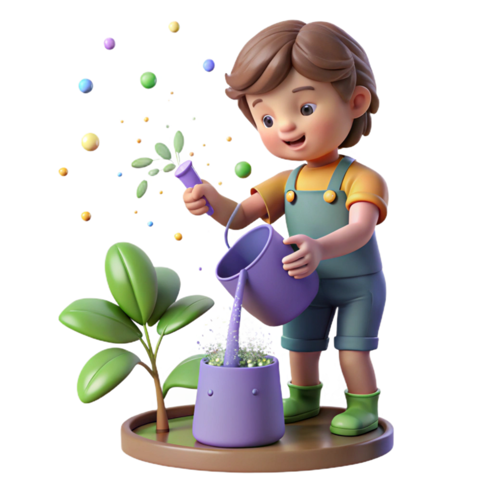 vibrant rustic Child Watering Plant Gentle Lighting Isolated detailed png